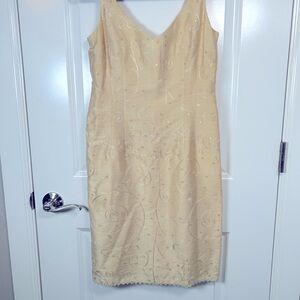 Nanette Leopore Ivory Silk Midi Sheath Dress V-Neck Crochet Sequined Hem Size 4P